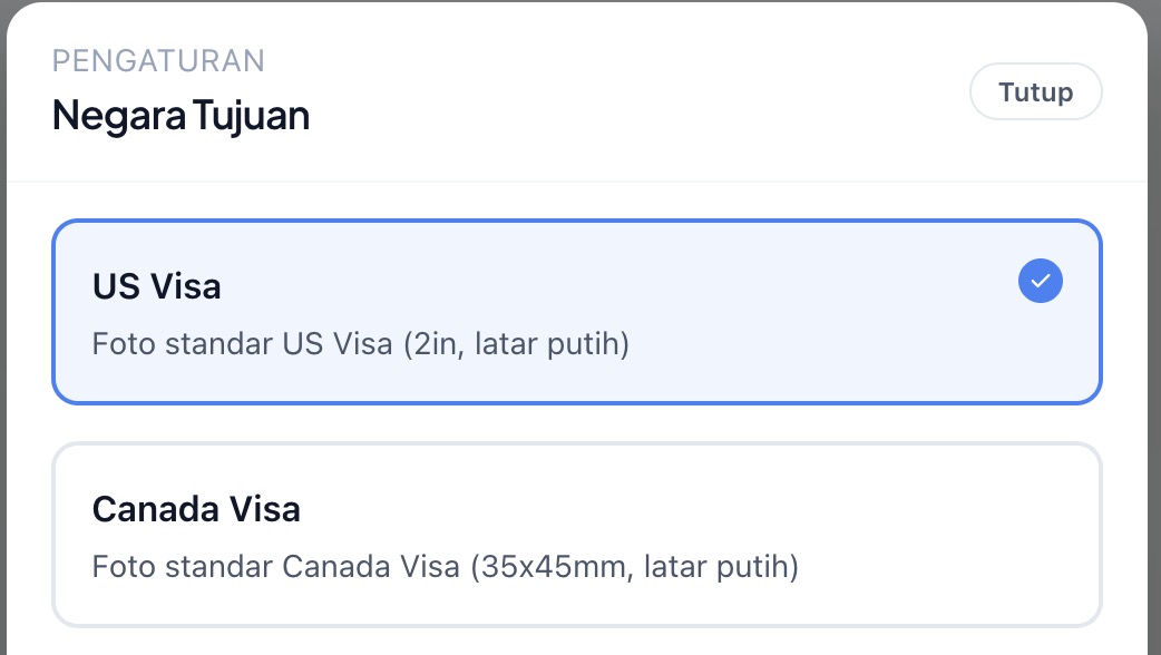 Country selection screen for a visa template